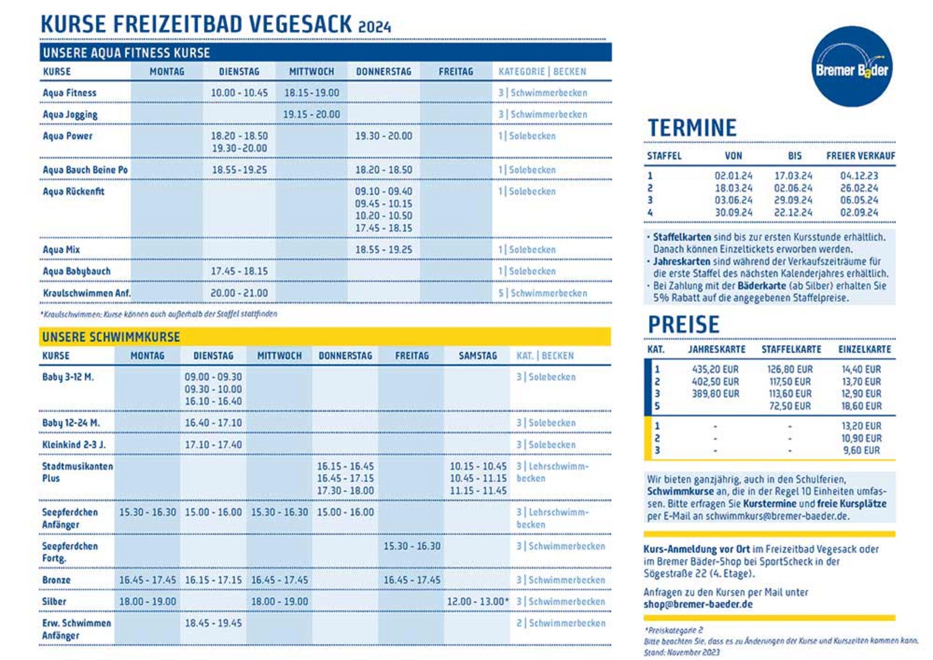 Kursplan Freizeitbad Vegesack 2024